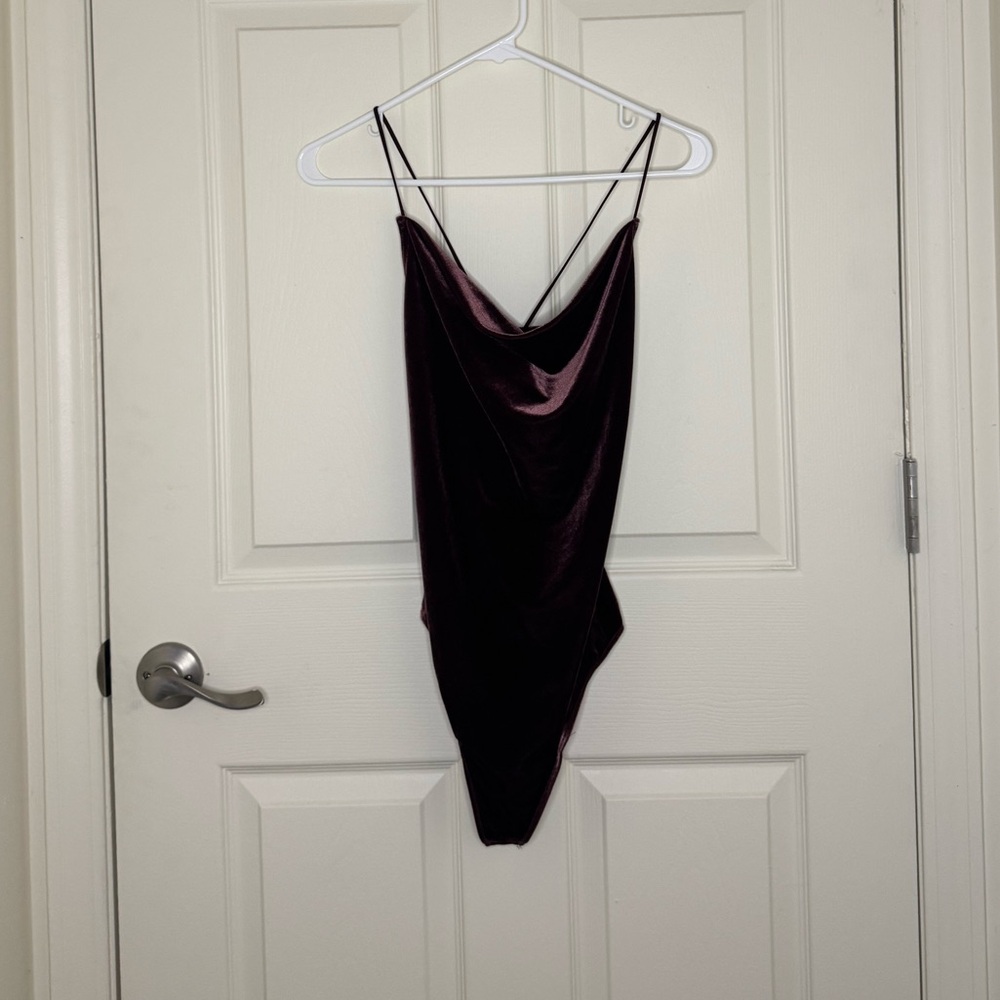 Abercrombie & Fitch Velvet Cowl Neck Bodysuit in Deep Plum